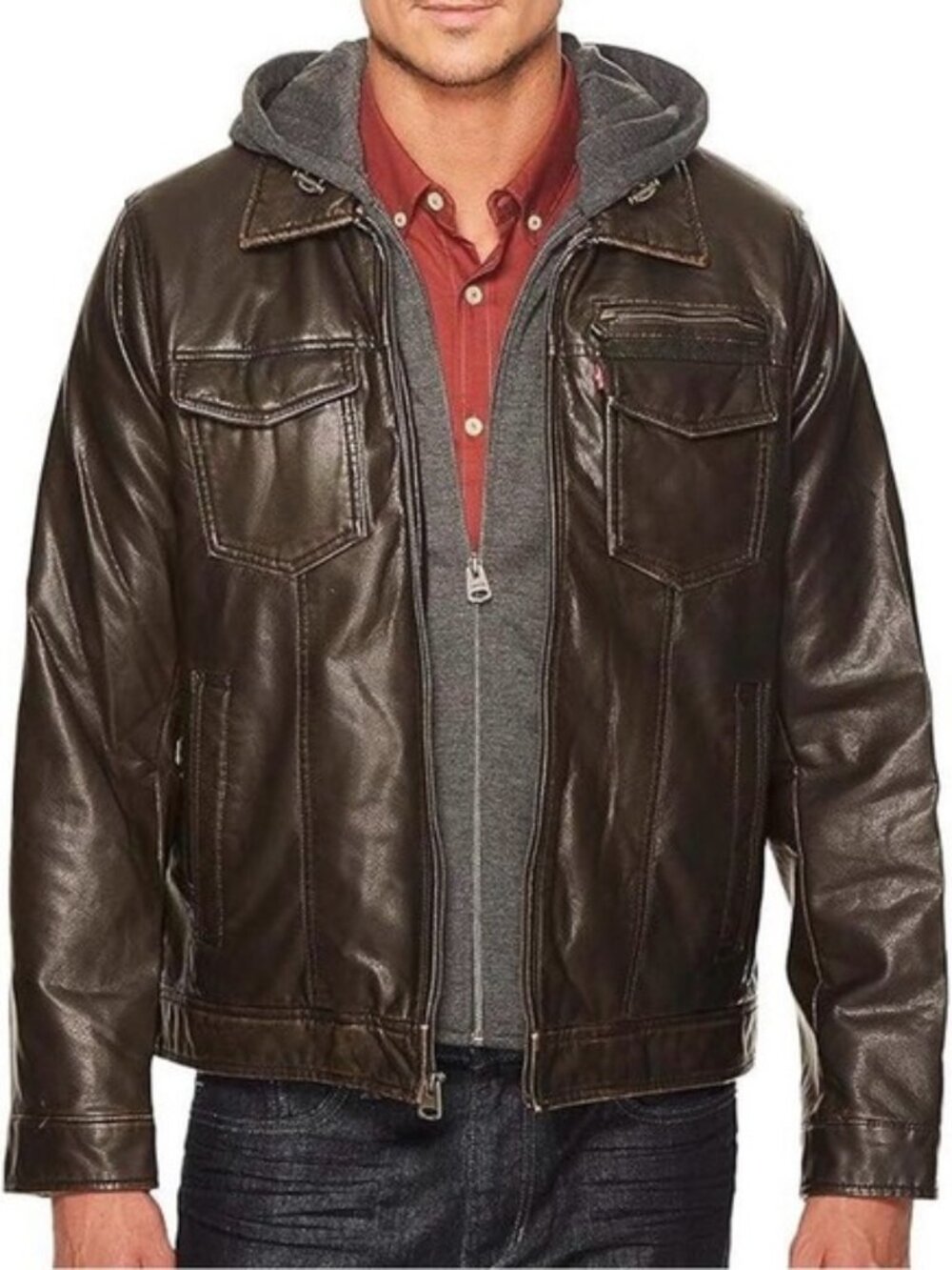 NWOT Levis Men’s Brown Faux Leather Fall Hooded Trucker Jacket XL